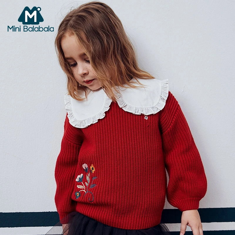 Мини балабала детский вязаный свитер в рубчик с цветочным принтом для девочек