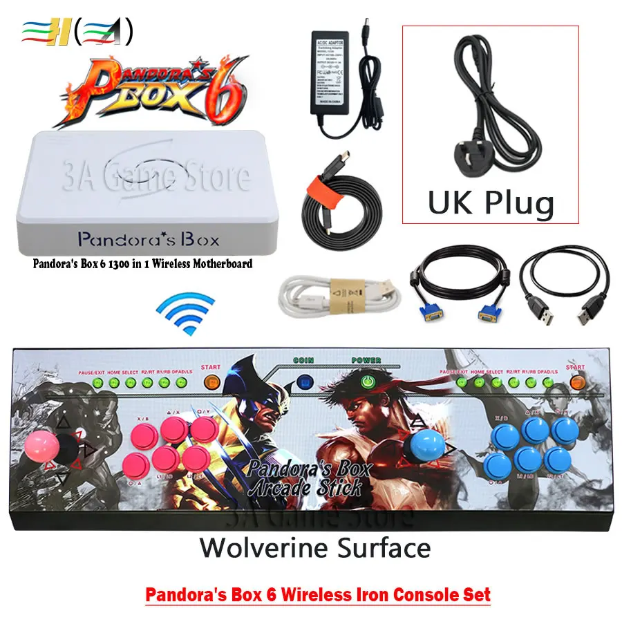 wireless JGL UK plug Оригинальная коробка Pandora 6 1300 в 1, аркадная консоль, беспроводная железная консоль, набор, 2 плеера, кнопки джойстика, HDMI, VGA, выход, ТВ, ПК, PS3 - Цвет: wireless JGL UK plug