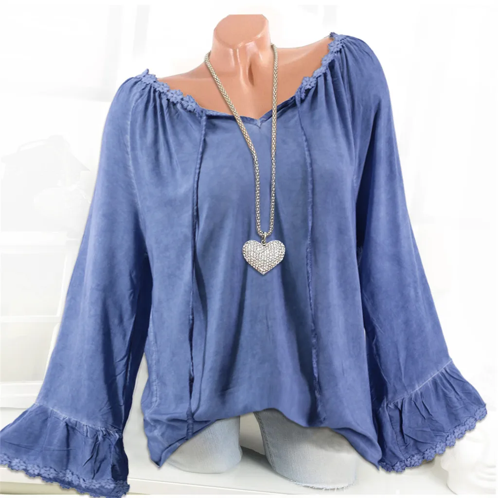 Plus Size Fashion Lace Patchwork Blouse Ladies Casual V-Neck Bandage Tee Tops Female Women's Long Sleeve Shirt Blusas Pullover | Женская
