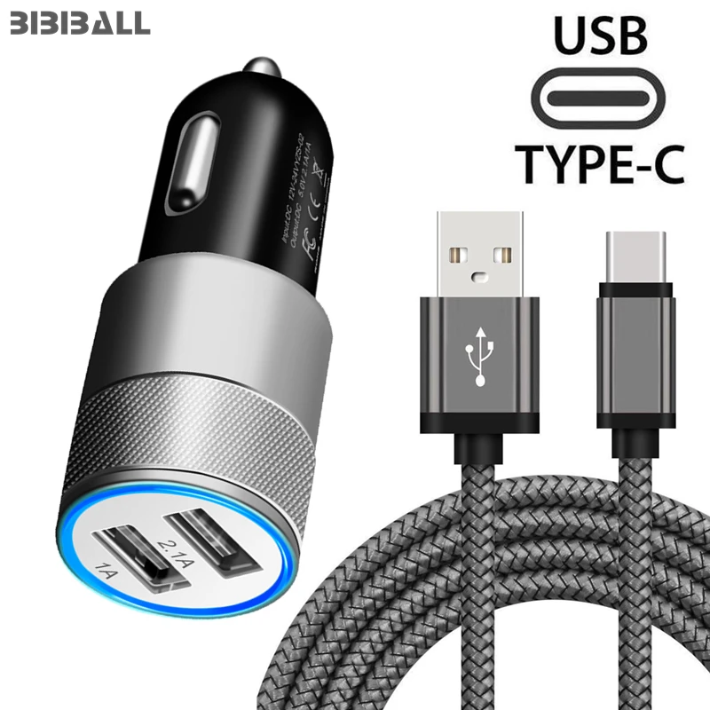Двойной 2.1A USB Автомобильное зарядное устройство + 1 м C Быстрый зарядный кабель для