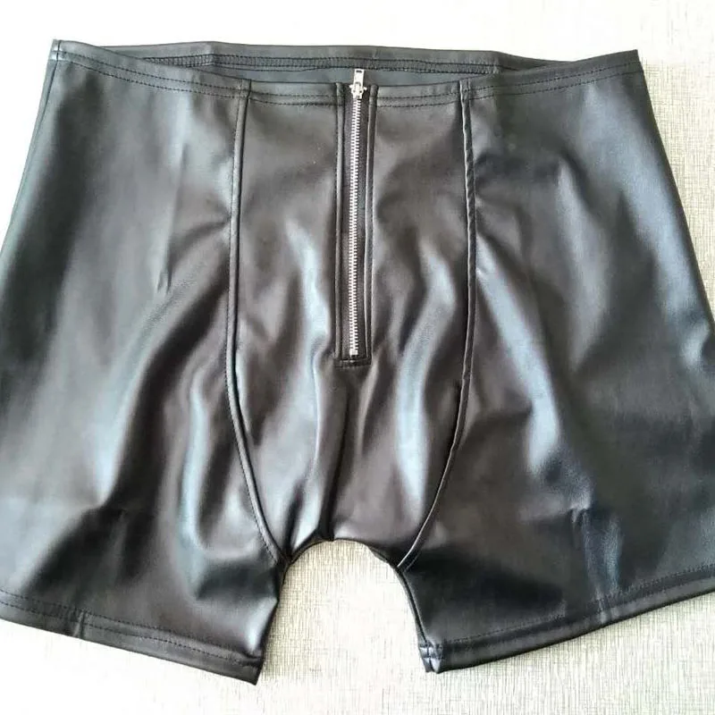 

Sexy Open Hip Front Zip Underwear Men Black Patent Leather Boxers Shorts Man Capsule Underpants Calzoncillos Hombre Boxer Marca