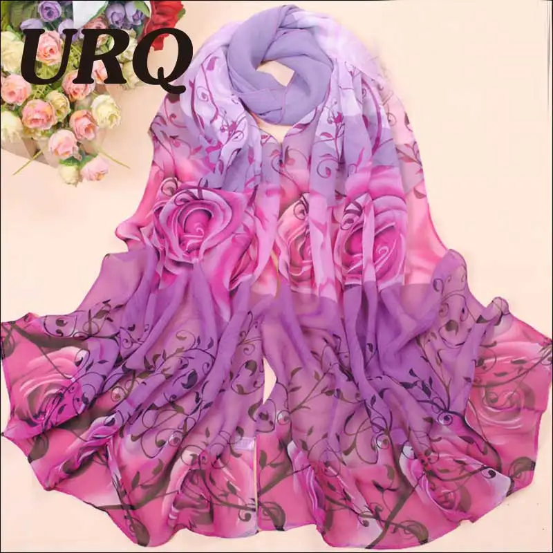 Длинные шифоновые шелковые шарфы с цветочным принтом розы женские подарок на