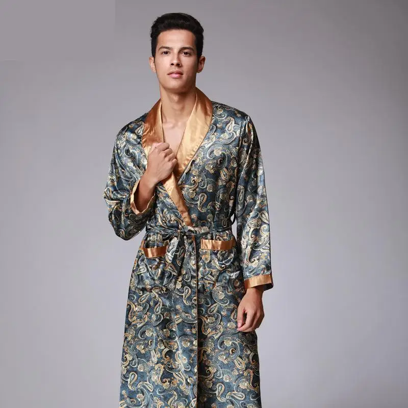 

Mens Summer Paisley Print Silk Robes Male Senior Satin Sleepwear Pajamas Long Kimono Dressing Gown Bathrobe For Man