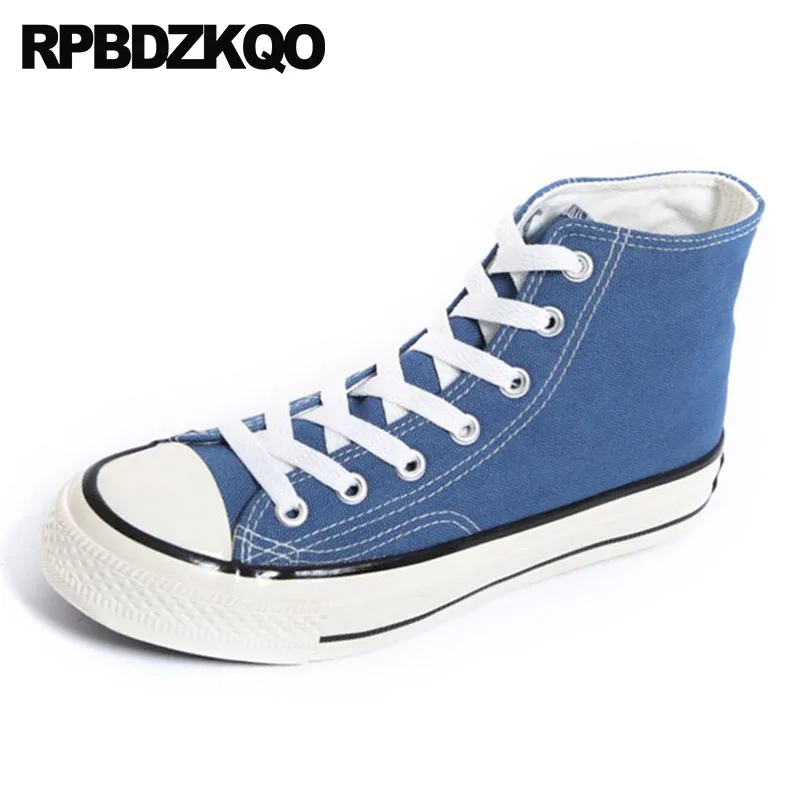 Женские дышащие кроссовки синие высокие на плоской подошве с круглым носком