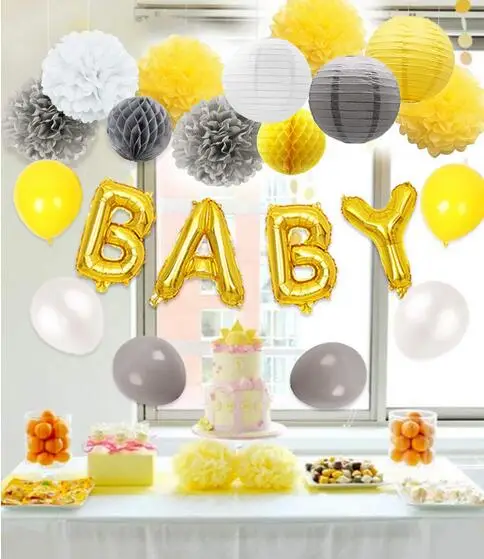 Baby Shower украшения желтый и серый с воздушные шары с буквой, тканевая бумага помпоны и бумажный фонарь декор для вечеринки в честь Дня Рождения