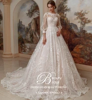 wedding dress custom made luxury princess long train and vintage lace with lantern sleeve vestidos de noiva robe mariage sp001