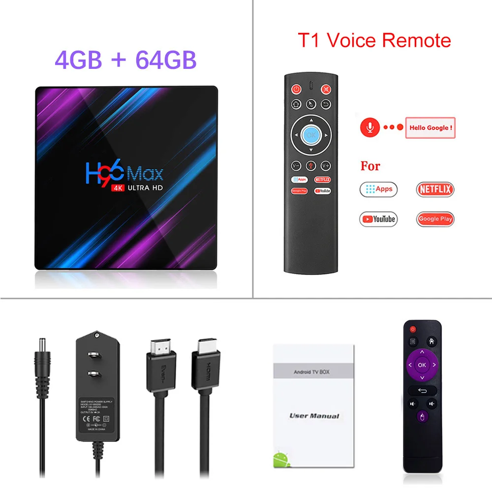 4G 64G T1 Voice Remo Android 9,0 ТВ приставка H96 Max Rockchip RK3318 4 Гб 64 Гб USB3.0 1080P H.265 60 кадров в секунду Google голосовой Assitant плеер Youtube HD 4K Smart tv - Цвет: 4G 64G T1 Voice Remo