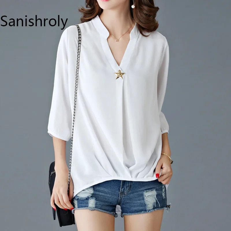 

Женская шифоновая блузка со звездами, однотонная Повседневная Свободная блузка с V-образным вырезом, средней длины, модель S011 большого размера на лето, 2018