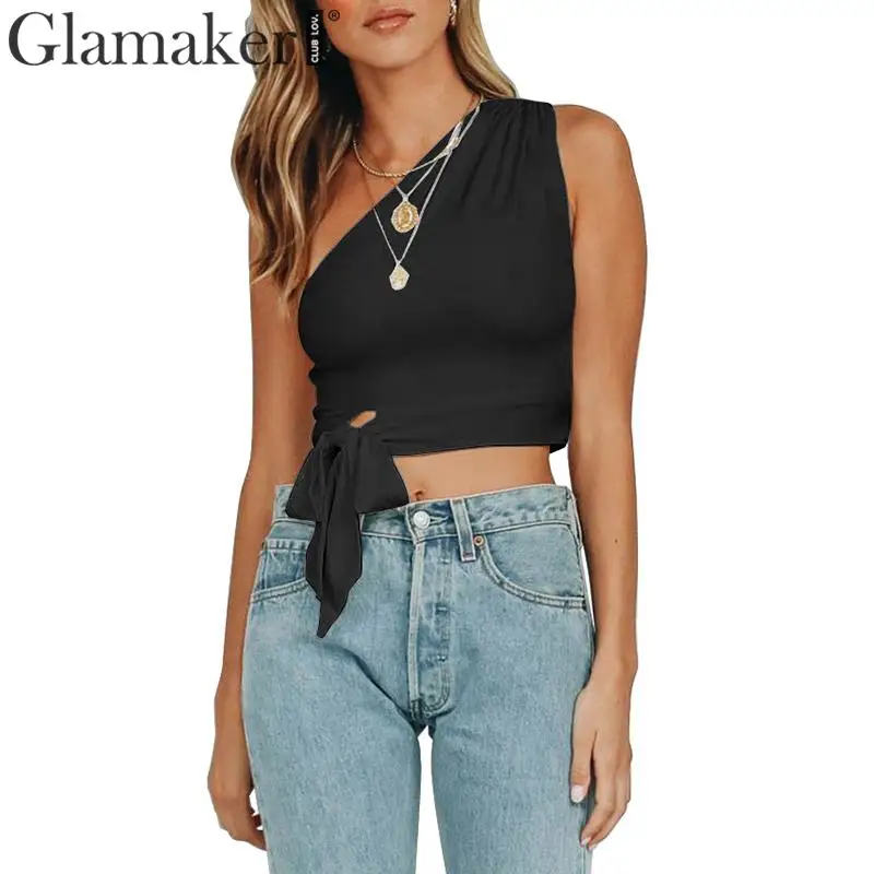 Женский топ на одно плечо Glamaker белый винтажный трикотажный короткий лето со