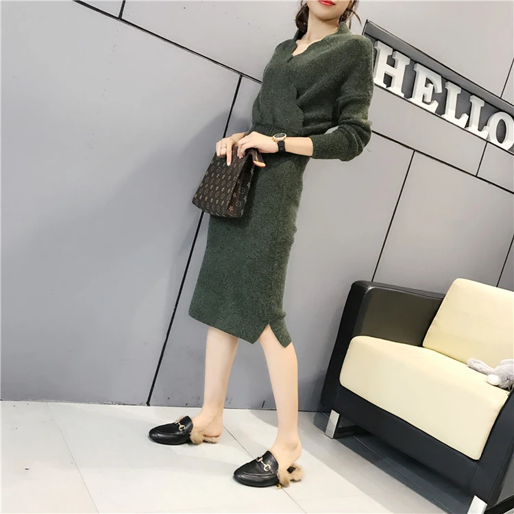 Осенне зимнее женское платье свитер 2020 Новое повседневное однотонное
