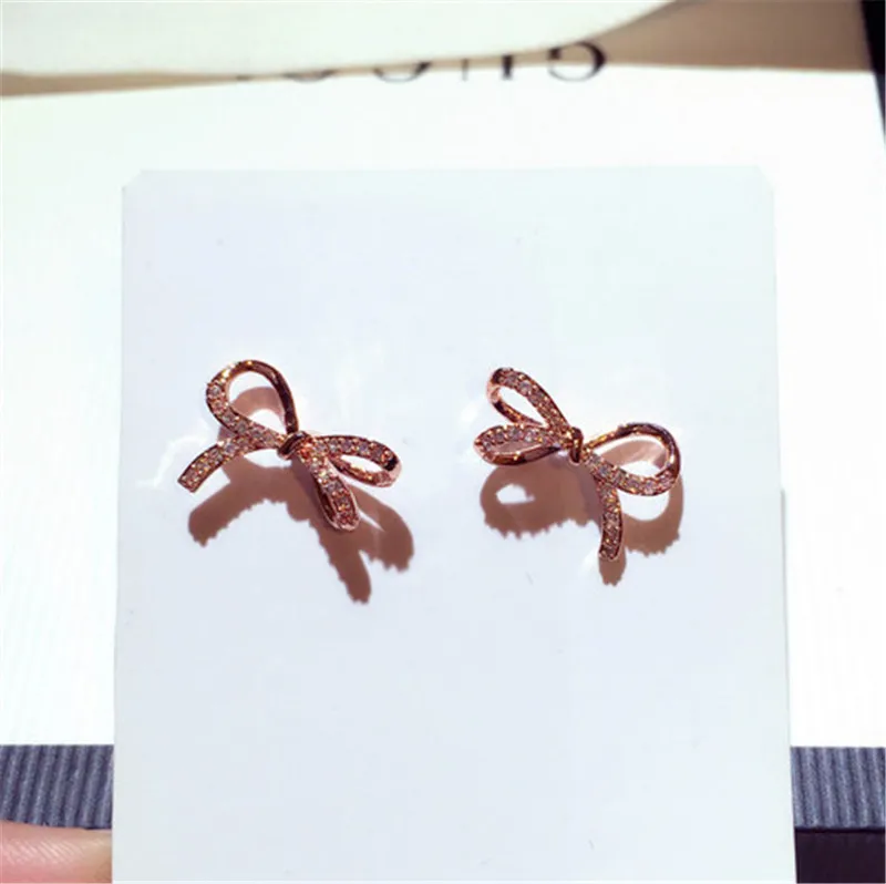 Корейские серьги-гвоздики для женщин новые модные серебряные иглы стразы серьги с бантами розового золотистого и серебристого цвета