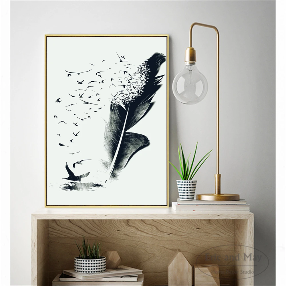 Feather Wings Black and White Art Canvas Painting Wall Nordic Decoration Home Modern Poster For Living Room Print Picture | Дом и сад