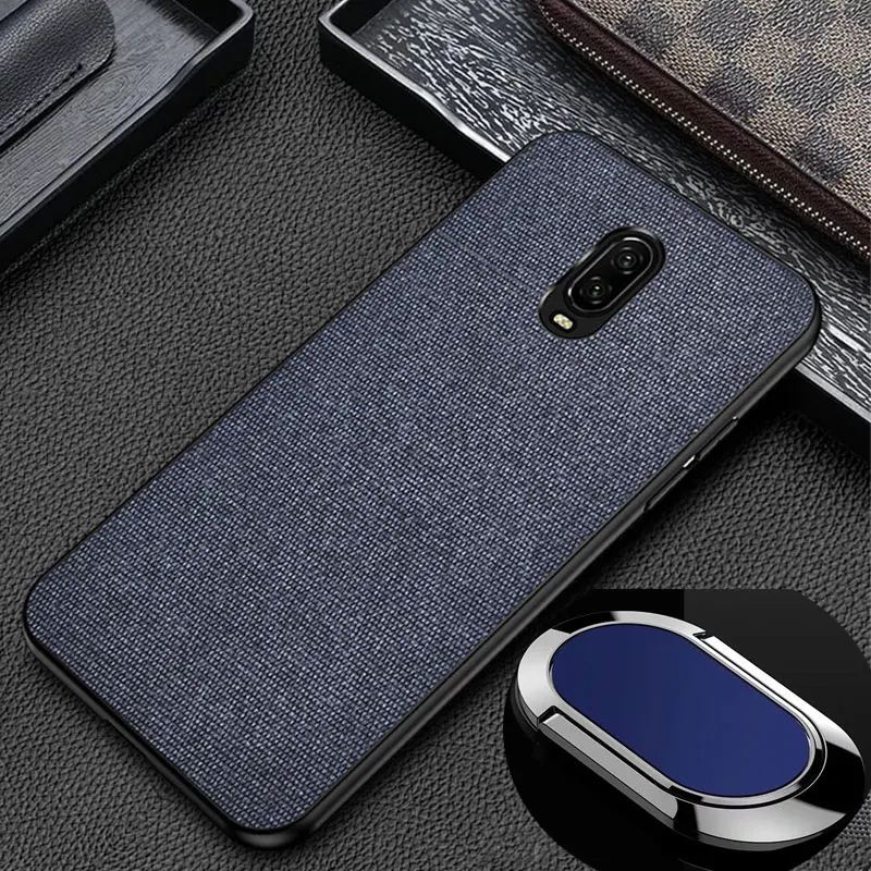 Business Fabric Canvas PU Leather Case For OnePlus 6 6T Splice PC Hard Back Cover Case+Magnetic Ring Holder |