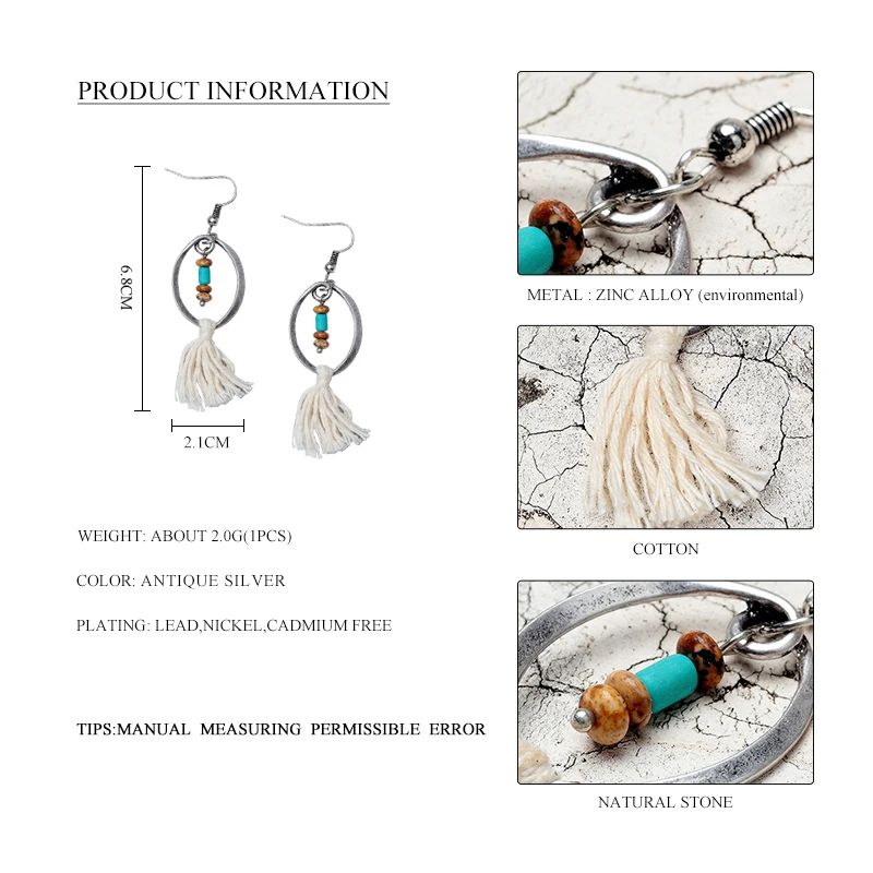 Этнические бежевые хлопковые висячие серьги с кисточками для женщин богемные