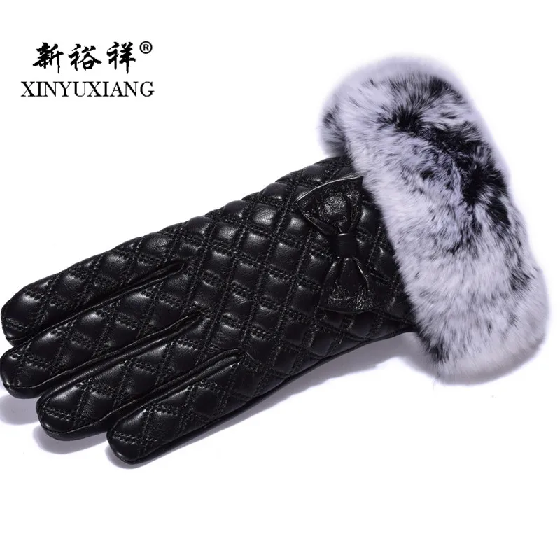Genuine Leather Real Rex Rabbit Fur Gloves Women Touch Screen Fashion Bowknot Black Winter Female Sheepskin elegant gloves 2017 |