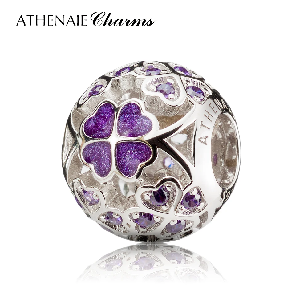 ATHENAIE, 925 пробы, серебряная эмаль, счастливый Трилистник, лучшие пожелания к вам, очаровательные бусины, подходят к европейским браслетам, ожерелье, фиолетовый цвет