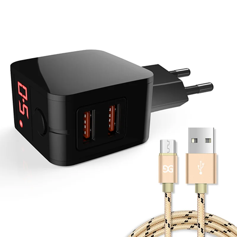 BlackGold GUSGU Micro USB кабель для samsung Galaxy S7 Edge huawei Xiaomi со светодиодный дисплей адаптер зарядного устройства с двойным USB зарядное устройство EU порт - Цвет: BlackGold