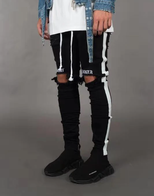 Мужские рваные джинсы с дырками в европейском стиле облегающие хип хоп Прямая