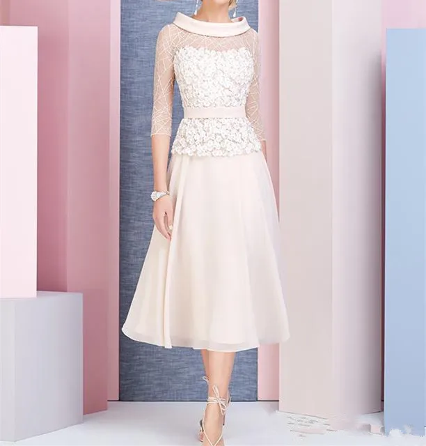 Платья для матери невесты, vestido de madrinha, круглый вырез, 3/4, длинный рукав, платье для выпускного вечера, длина до середины икры, кружевное официальное свадебное платье для гостей