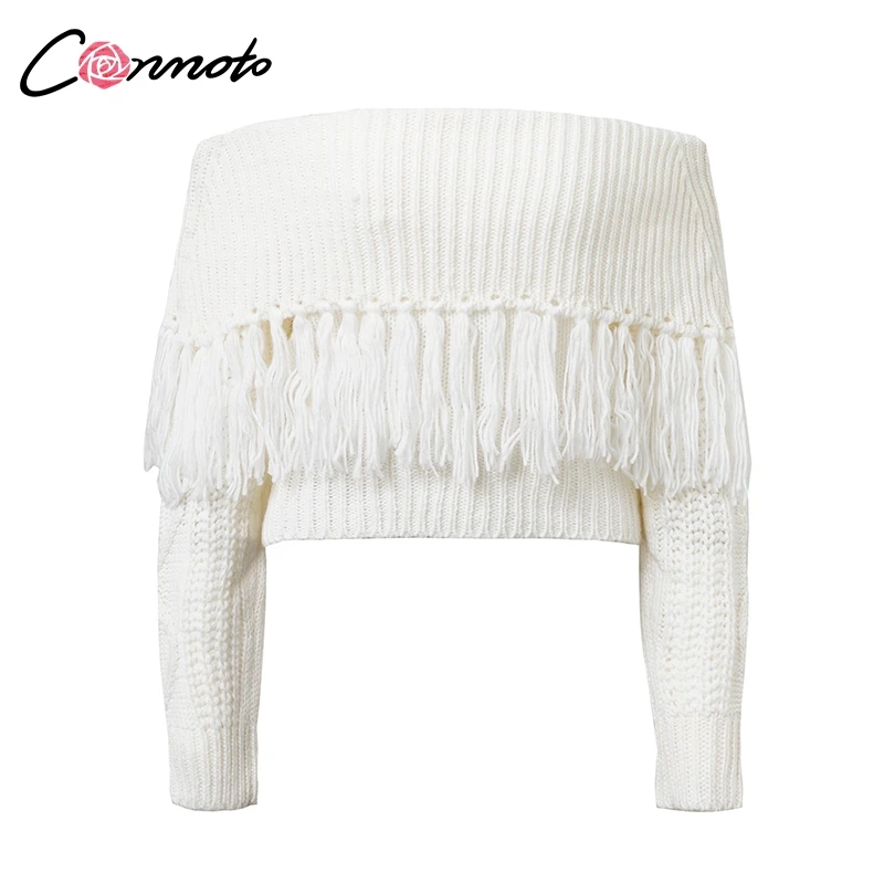 Conmoto Off Shoulder Tassel Short Sweater Female Party Sexy Solid Long Sleeve Pullover Femme Khaki Jumper Sueter Mujer | Женская одежда