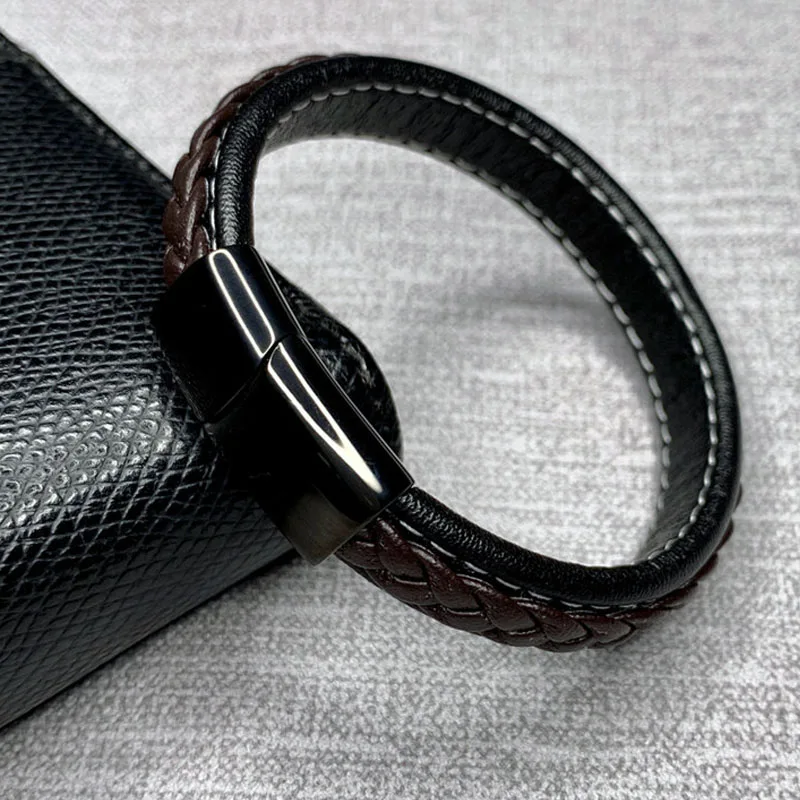 Black Clasp E Модные черные, красные кожаные браслеты, мужские наручные браслеты, нержавеющая сталь, магнитная пряжка, очаровательные браслеты, мужские ювелирные изделия, подарки - Окраска металла: Black Clasp E