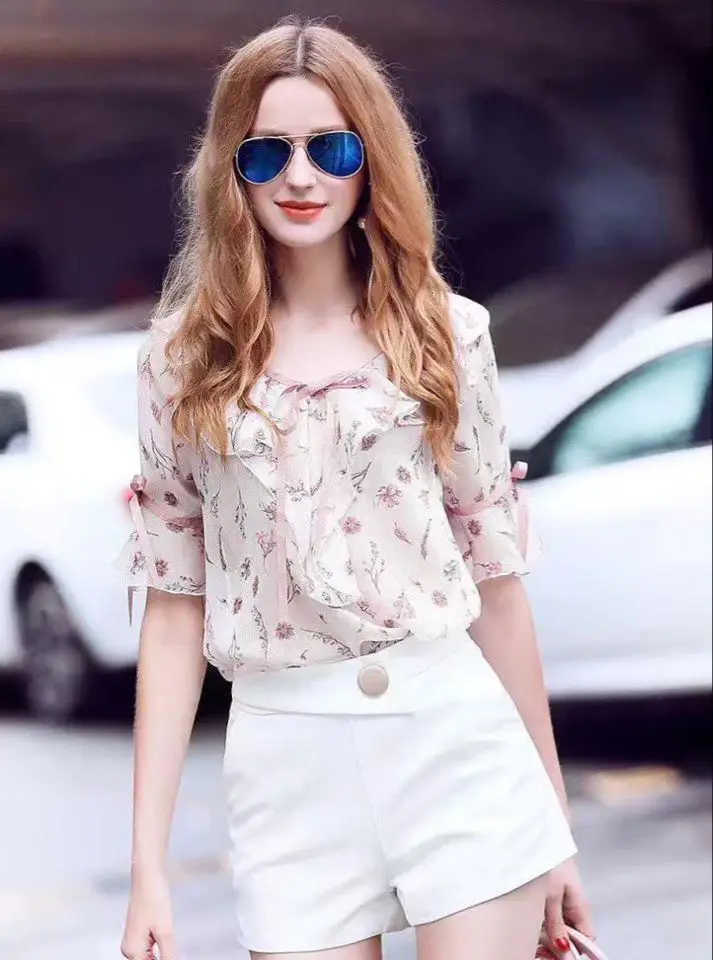 Oln Sweet Lady летний костюм шифоновая футболка + белые шорты Модные Женская одежда