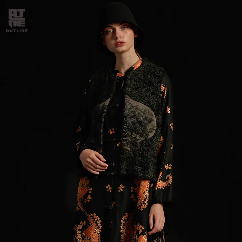Outline Women Autumn Winter Black Casual Waistcoat Embroidery Single Button Spliced Short O Neck Solid Plus Vest Jacket L184Y005 | Женская