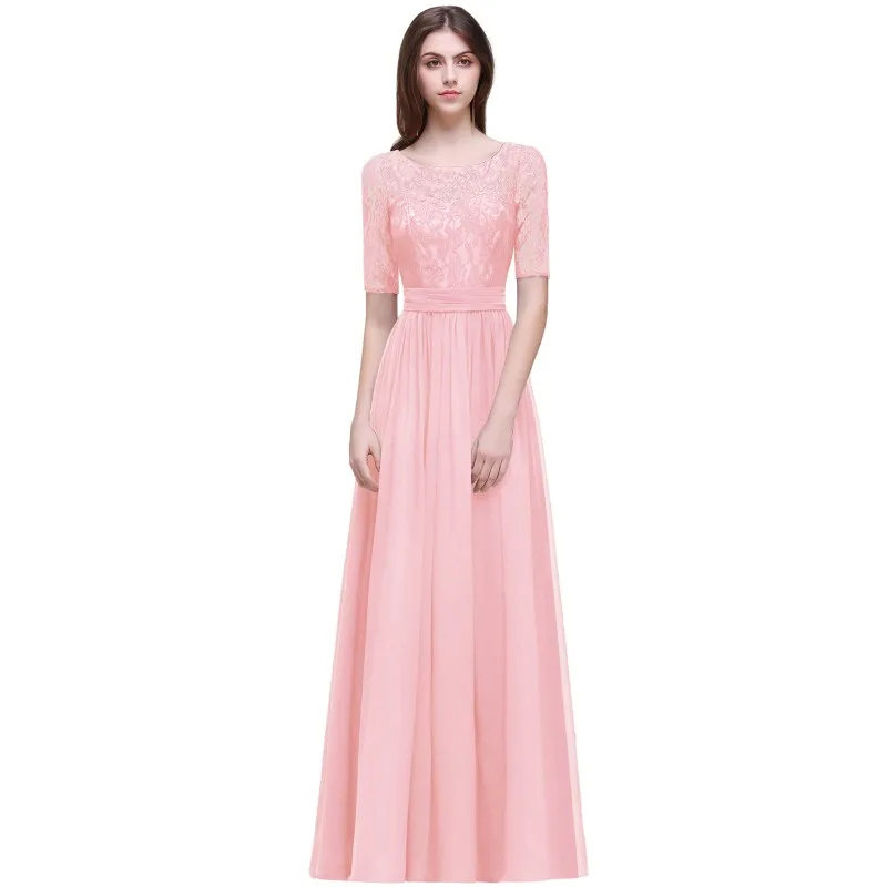 Pink Элегантный розовый шифоновый длинный вечернее платье Половина рукава Кружева Вечернее платье Аппликация вечернее платье - Цвет: Pink