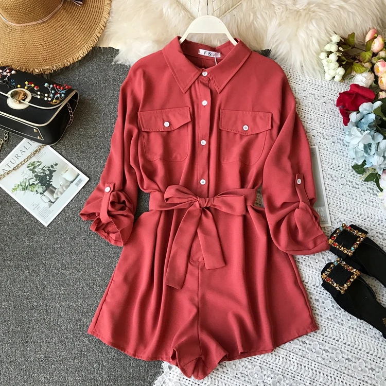 ALPHALMODA, Осенний женский однобортный комбинезон с длинными рукавами, откидной карман, высокая талия, пояс, Женский Повседневный однотонный комбинезон