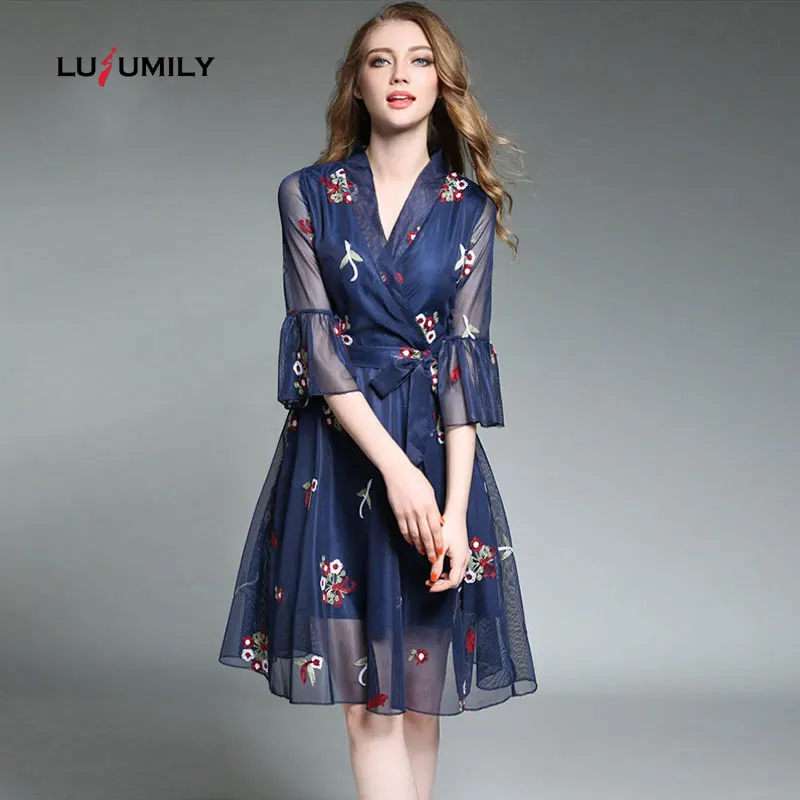 Lusumily новинка 2019 весеннее женское платье с вышивкой цветочное вырезом Vestidos для
