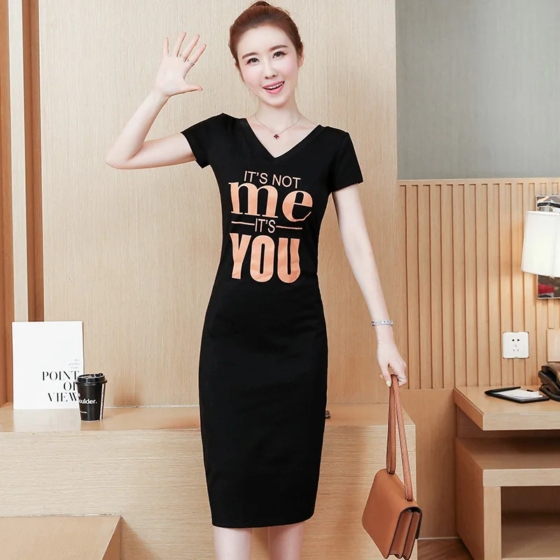 

Ladies Dresses Fashion Letters Printing Women Sexy Summer Midi Dress RetroCasual Short Sleeve Slim Plus Size Bodycon Dress