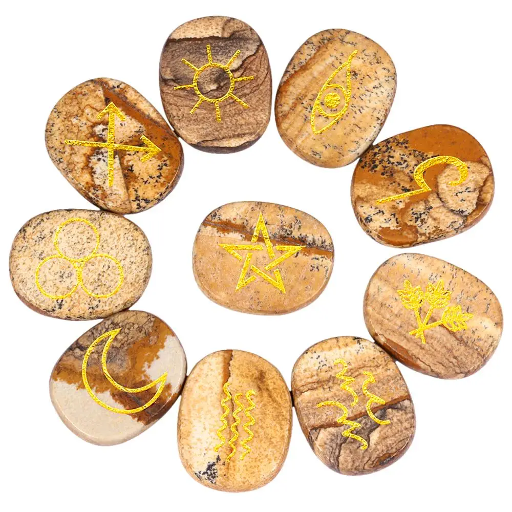 TUMBEELLUWA 1Lot (10Pc) Natural Engraved Gypsy Wiccan Pagan Symbol Rune Set for Healing Reiki Balancing Divination