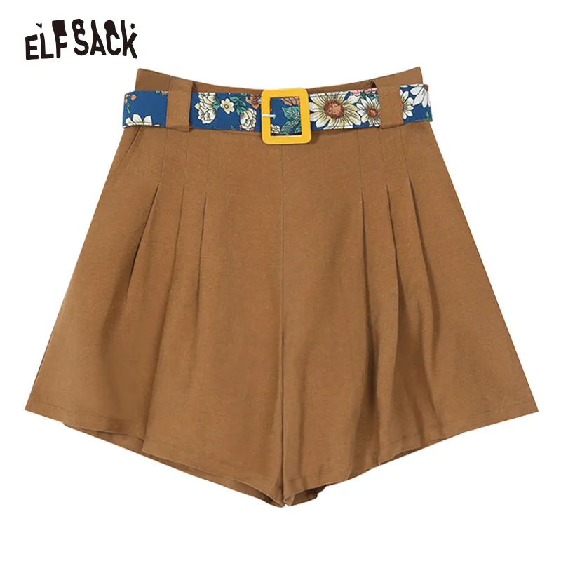 Женские льняные шорты ELFSACK свободные коричневого цвета с эластичной талией