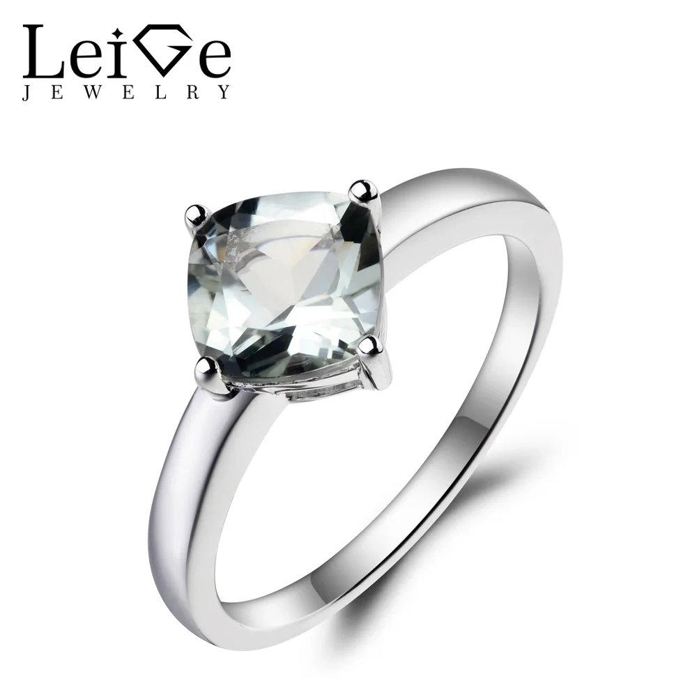 

Leige Jewelry Real Natural Green Amethyst Ring Cocktail Party Ring Cushion Cut Green Gemstone 925 Sterling Silver Solitaire Ring