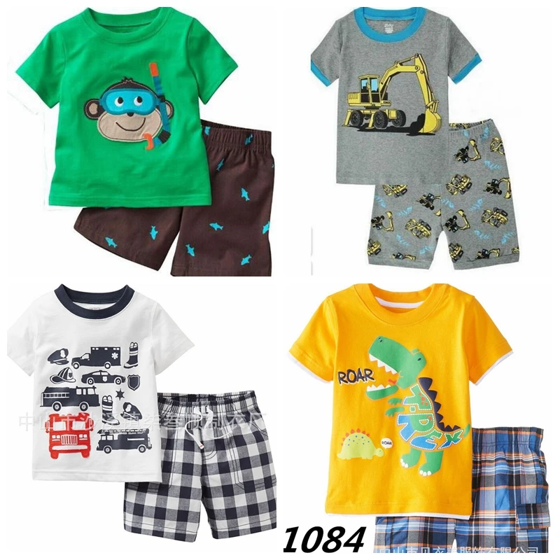 Newest Yellow Dino Boy Clothes Set Children T-Shirt Plaid Pant Suit Kids Outfit 100% Cotton Tops Panties 2 -7 Year Clothing | Детская