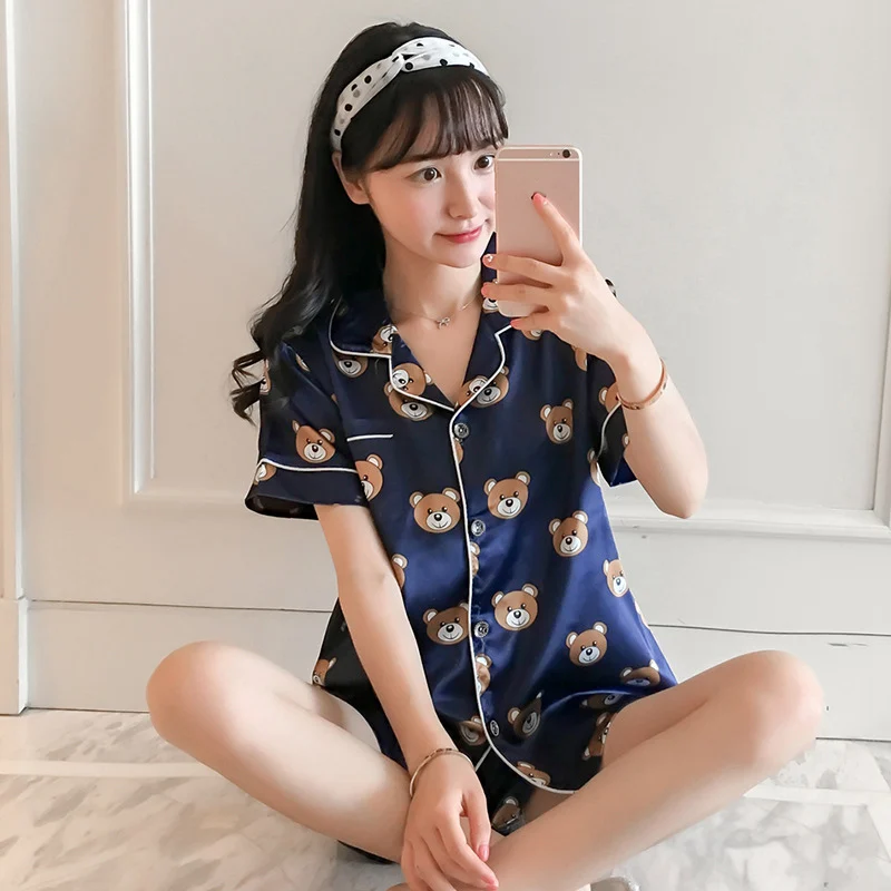 2020 Autumn Women Satin 2 Pieces Pajama Sets Shirts Shorts Pyjama Suits Female Sweet Cartoon Print Button Up Homewear Nightwears | Женская