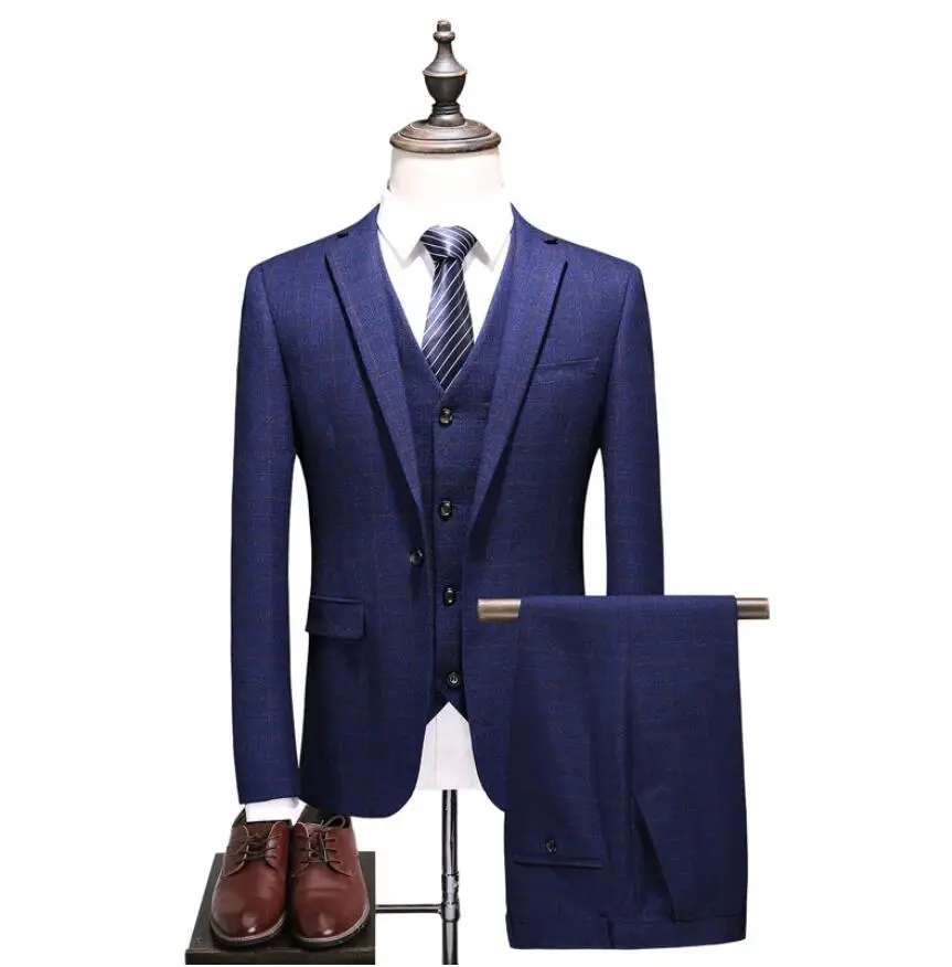 

2019 New Style Mens Wedding Suits Casual Plaid Male High Quality Suit Men's Tailored Business Party Suits (Jacket+Vest+Pants)