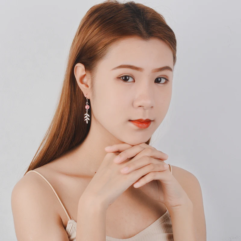 

Everoyal Vintage Crystal Pink Leaf Drop Earrings For Girls Accessories Fashion Women Silver 925 Long Earrings Women Jewelry