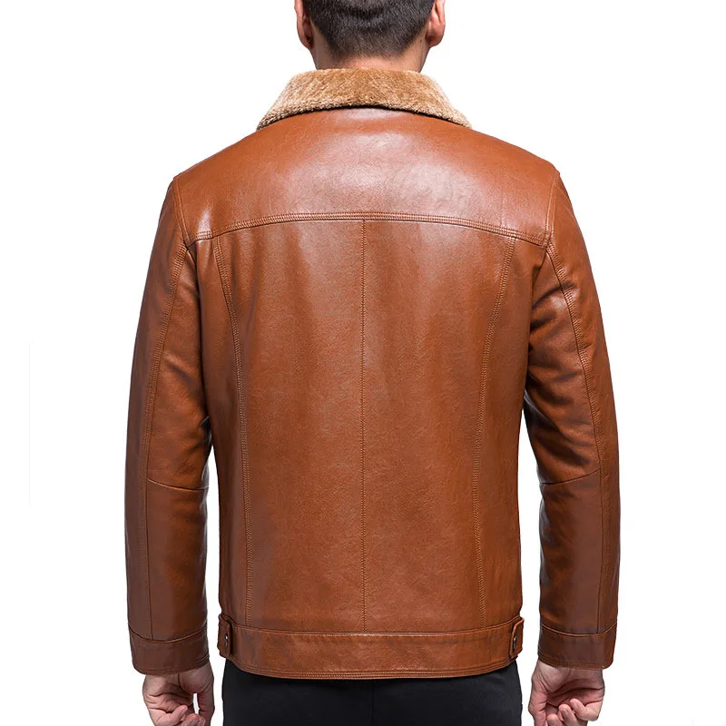 Мужская кожаная куртка зимняя деловая черная теплая с воротником стойкой M