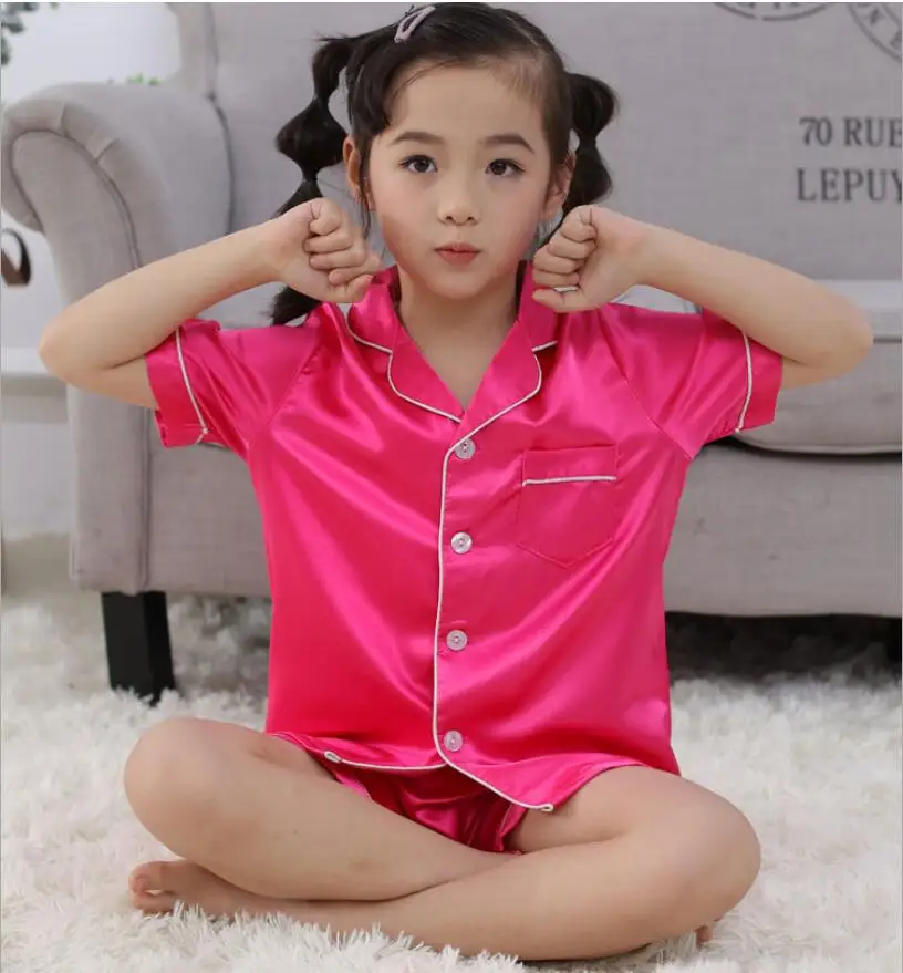Red short sleeve Детский Шелковый пижамный комплект г., весенне-летний Шелковый пижамный комплект с длинными рукавами для мальчиков и девочек, детская одежда для сна, комплект одежды для сна - Цвет: Red short sleeve