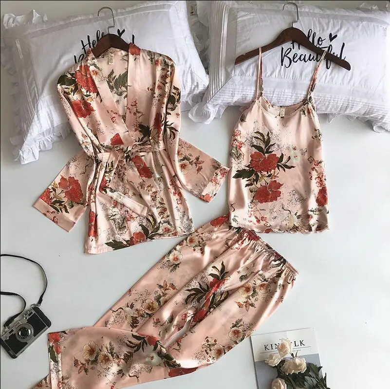 as picture Женские пижамные комплекты из 3 предметов, модная атласная пижама на бретельках, Женская пижама с цветочным принтом и длинным рукавом, домашняя одежда - Цвет: as picture