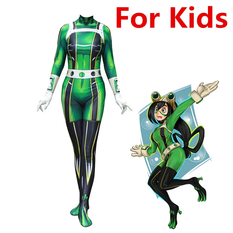 Kids Size Аниме Мой Boku no Hero Academy Asui Tsuyu Froppy Tsuyu Asui Zentai боди костюм костюмы на Хэллоуин парик для взрослых женщин и детей - Цвет: Kids Size