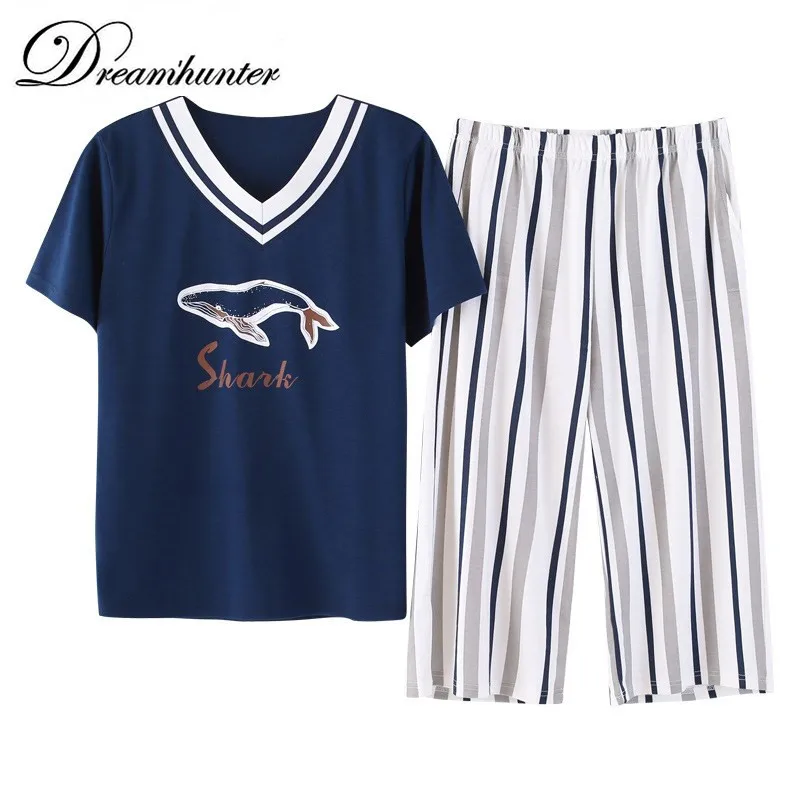 

100% Cotton Casual Loose Pajamas Sets Women Summer O Neck Short Sleeve Tops+Striped Calf-Length Pants 2pcs/set Nightgown