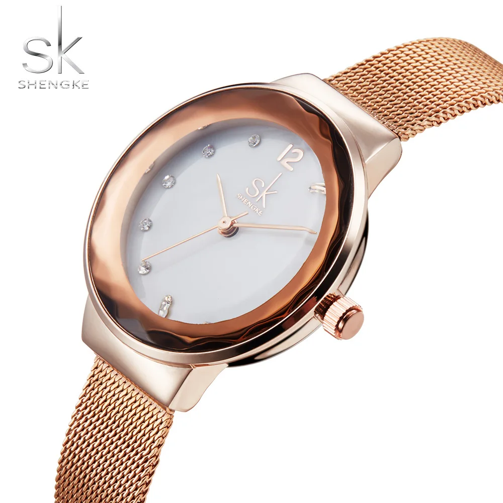 Часы Shengke женские с браслетом роскошные модные брендовые цвет розовое золото