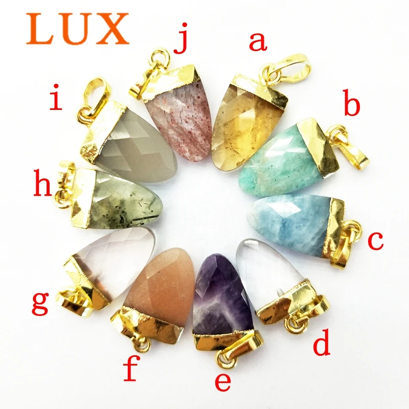 LUX Natural Gem stone Charm White quartz Labradorites Amazonites amethysts Tiny shield Faceted Pendant with Gold color Plated | Украшения и