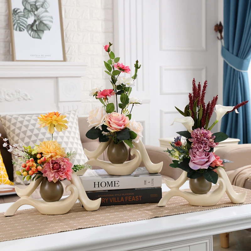 European Creative Ceramic Vase+Artificia Flower Ornament Decoration Modern Home Furnishing Crafts Decor Fake Flower Arrangement