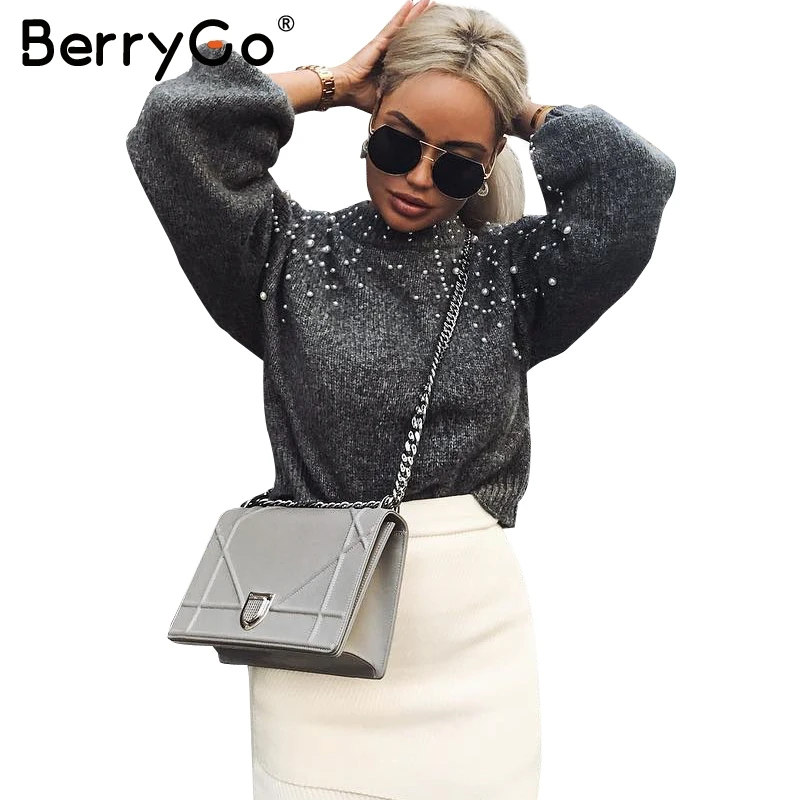 BerryGo Pearl turtleneck solid knitted christmas sweater Lantern sleeve gray women sweaters and pullovers Female autumn casual | Женская