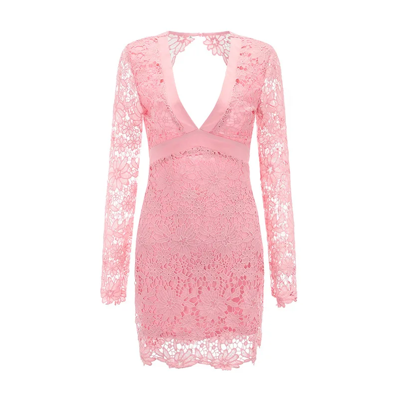 

2019 European and American fashion summer dress women's sexy deep V open back hollow slim lace women dress party robe femme