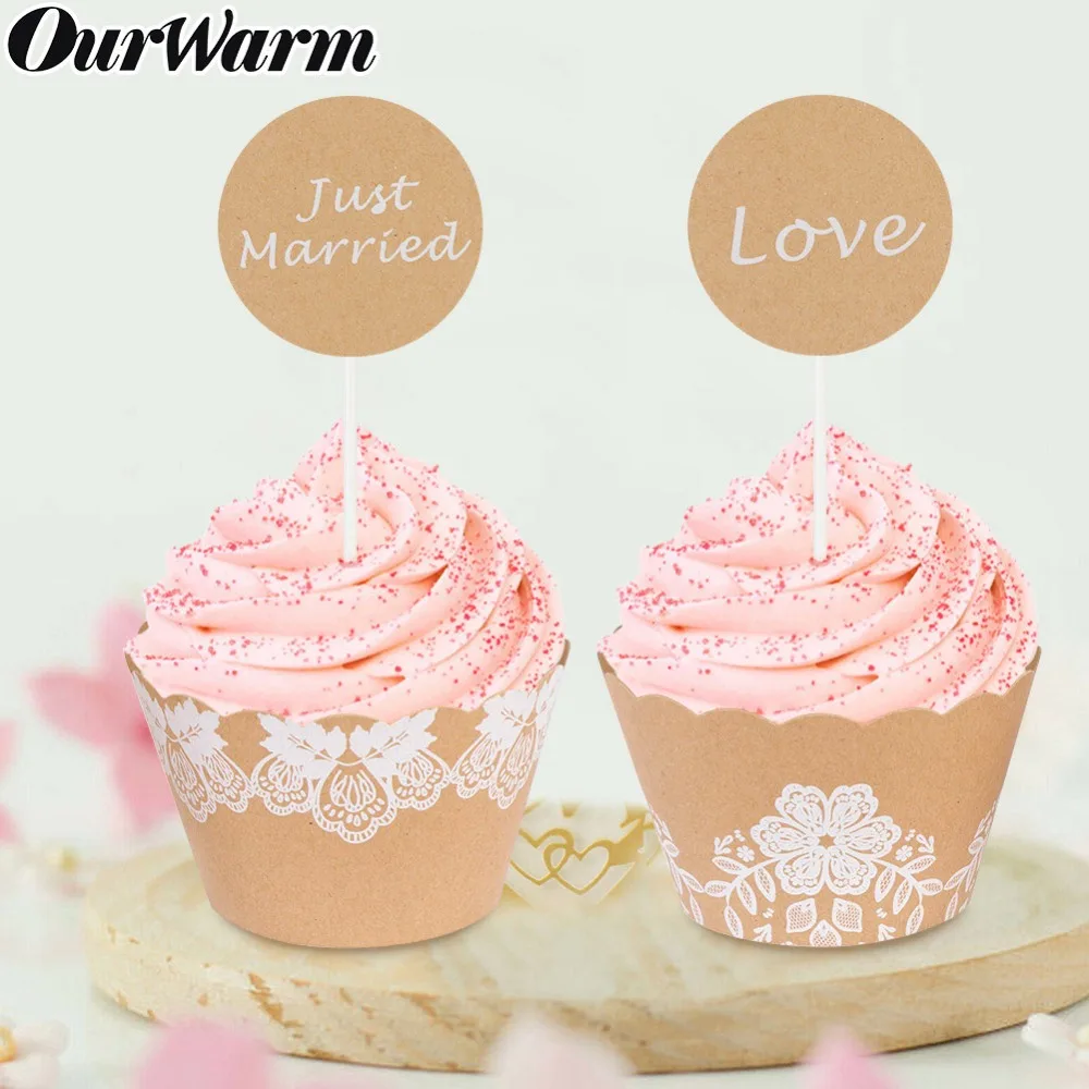 OurWarm 12Pcs Wedding Cupcake Wrapper Cake Topper Love Just Married Flag for Birthday Party Decorations | Дом и сад