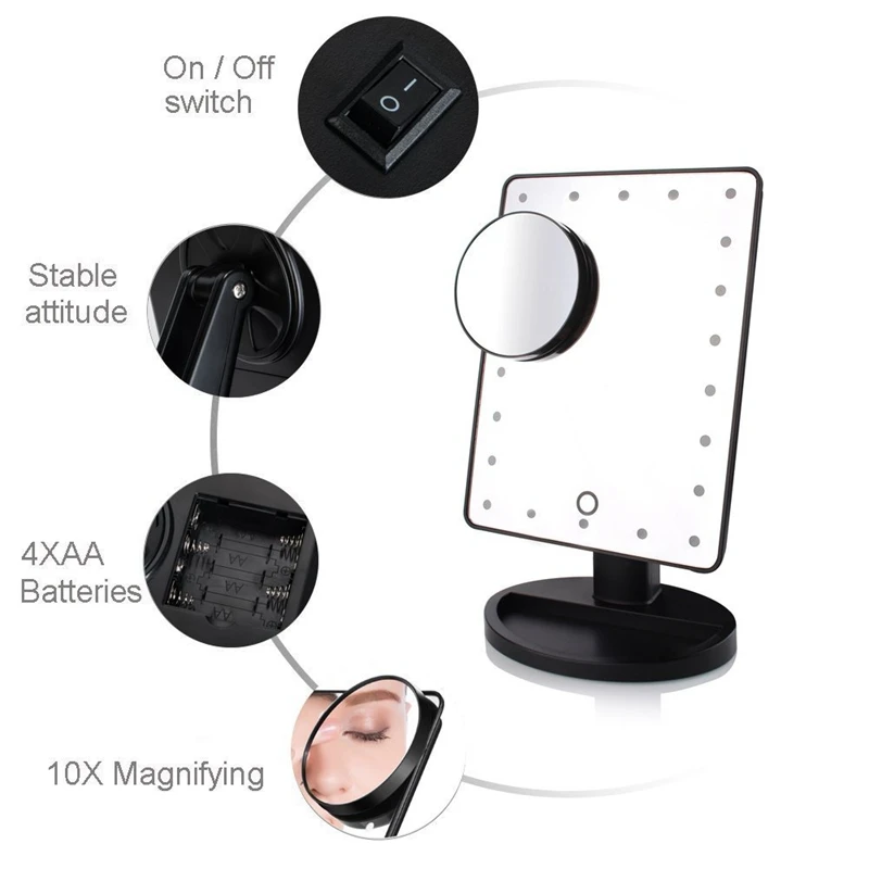 22 LED Touch Screen Makeup Mirror 10X Magnifier Bright Lighted Cosmetic Portable Vanity Countertop 180 Rotating | Красота и здоровье